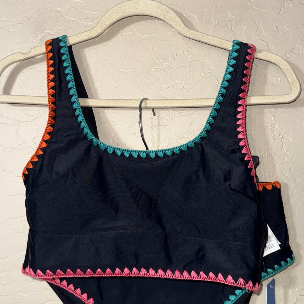 CUPSHE swimsuit black Tank midkini Wide Straps rainbow stitching size M - Picture 3 of 9